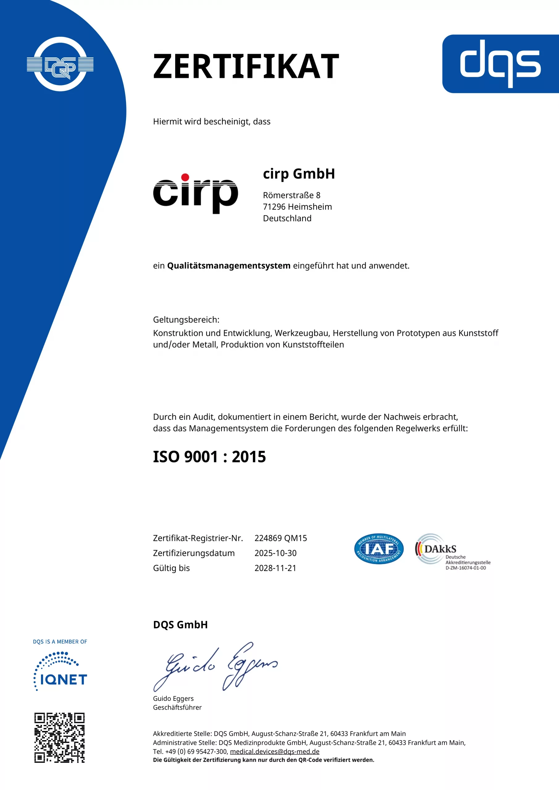ISO 9001:2015 Zertifikat der cirp GmbH