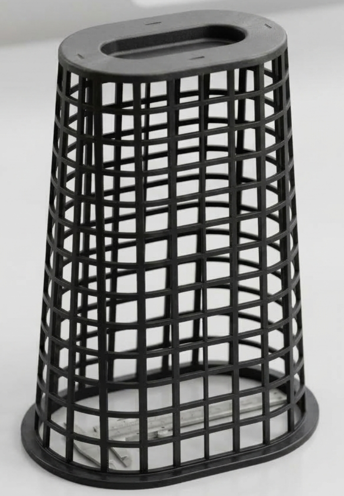 Schwarzes Spritzgussbauteil mit komplexer Rippen- und Gitterstruktur als Rapid-Tooling-Bauteilbeispiel